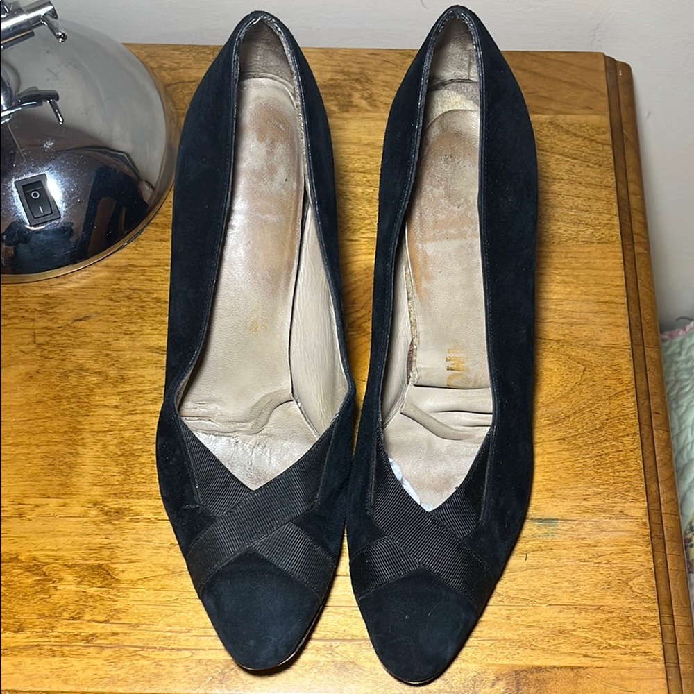 Salvatore Ferragamo Black Suede Vintage Heels